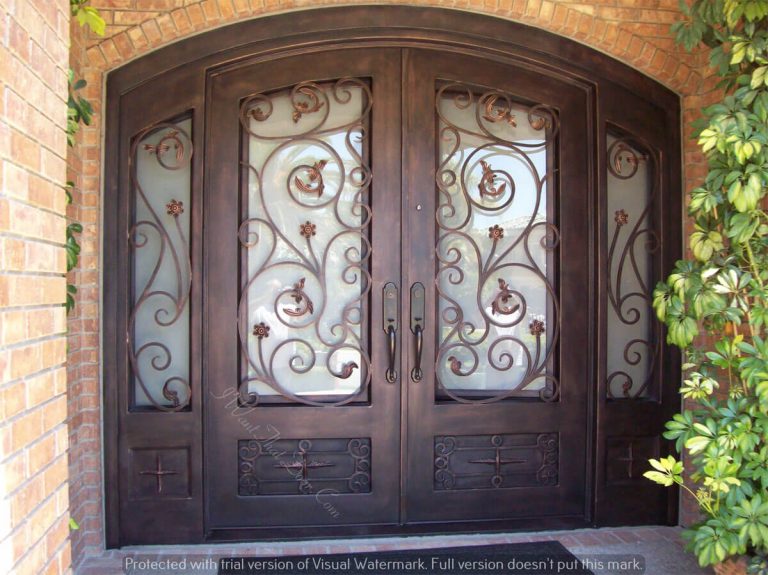 Pietro Eyebrow Top Ornamental Iron Double Exterior Door With Sidelights