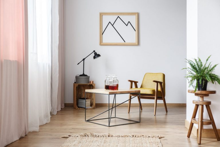 modern coffee table and framed poster on the wall